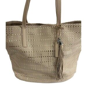 Vince Camuto Leather Woven Tote Handbag Hobo Bag Beige Gold tassel Charm ***